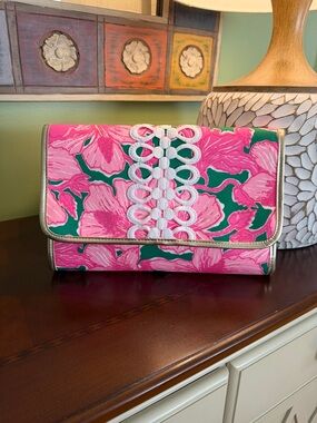 LP Pink Floral Clutch with Green Accents